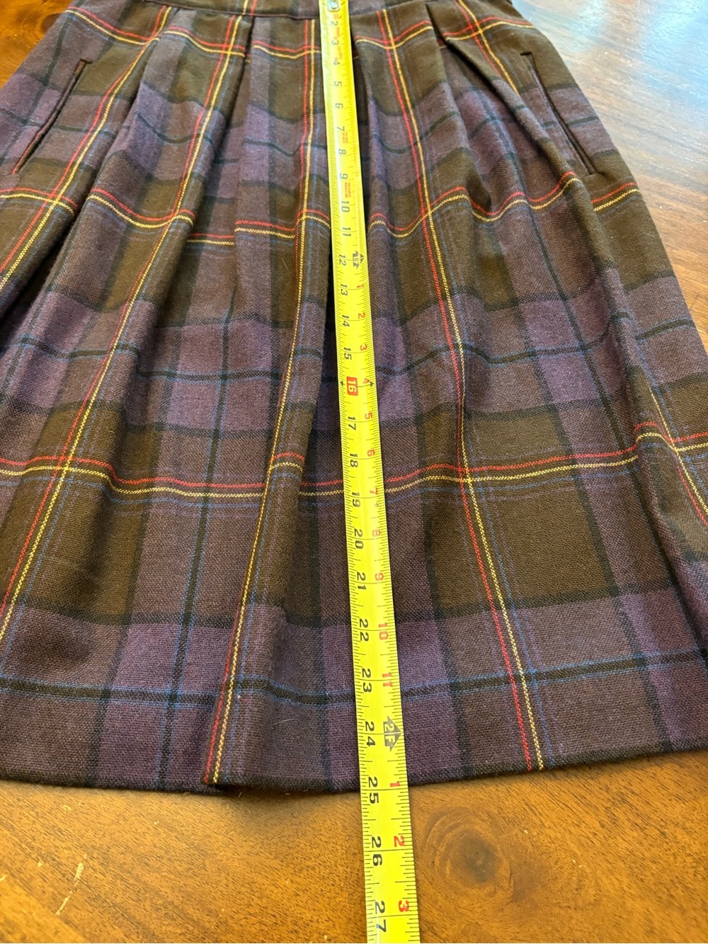 Vintage Retro Pleated Wool Blend Plaid Skirt - Purple/Brown - Picture 7 of 7